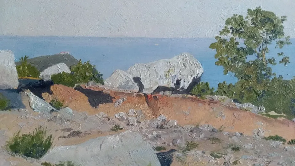 Этюд. «Камни на фоне моря». 1892, полуостров Крым. Картон, масло, масло. 17 х 24,5