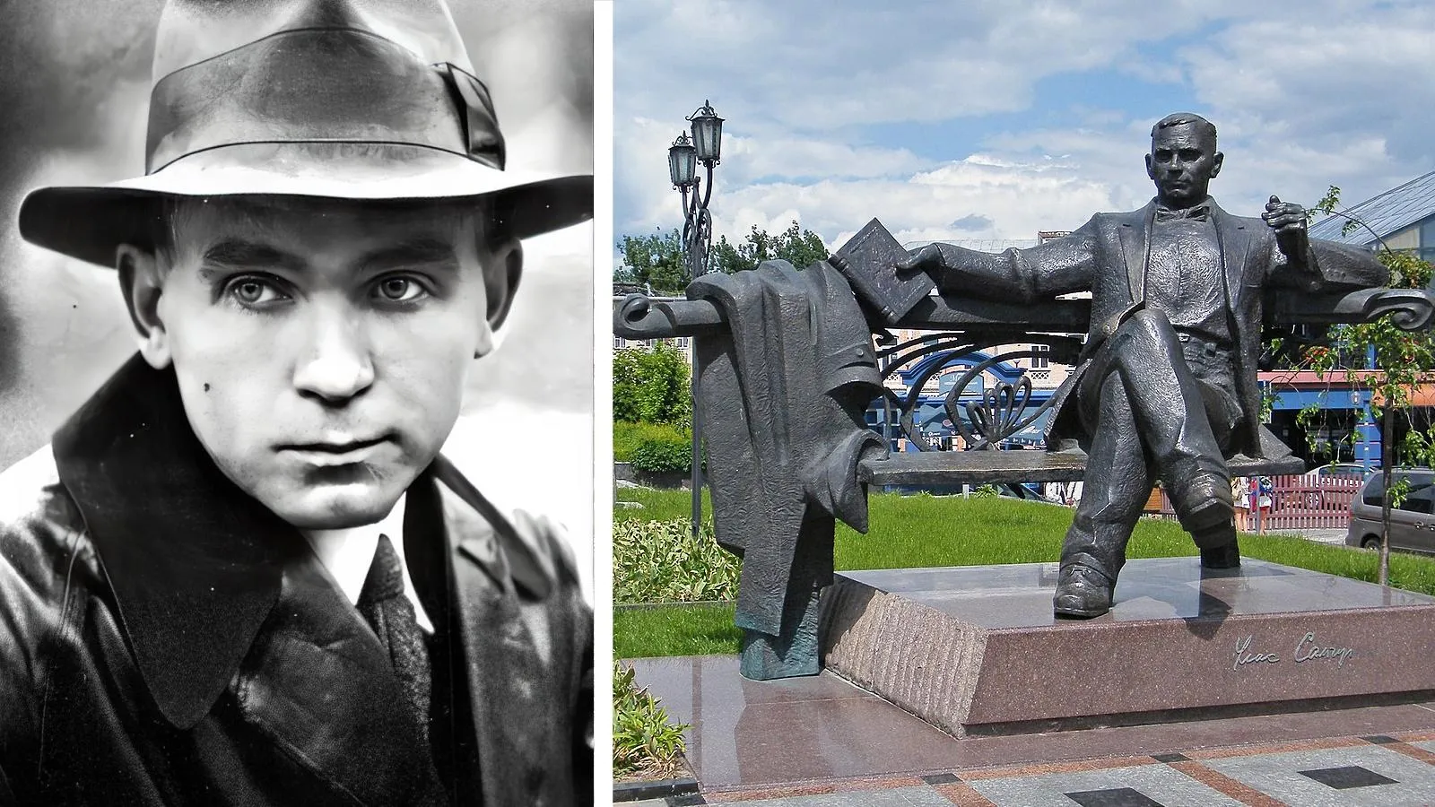 Улас Самчук в 1920 году; памятник Уласу Самчуку в Ровно