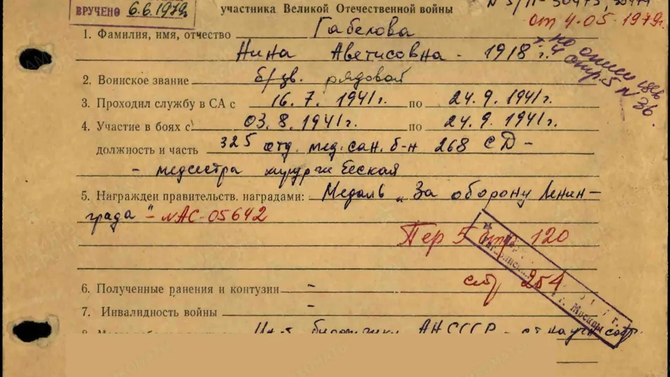 Учетная карточка участника ВОВ&nbsp;Нины Аветисовны Габеловой