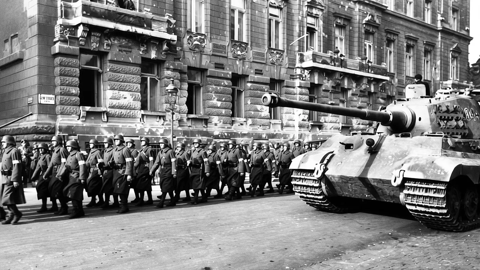 Немецкий танк Tiger II и колонна немецких солдат в Будапеште. Bundesarchiv