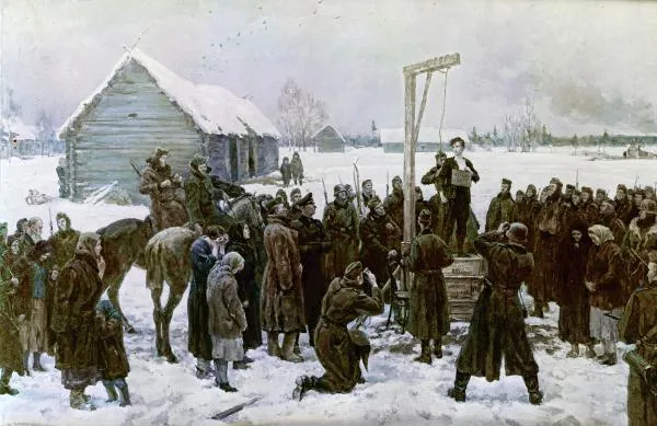 Казнь Зои Космодемьянской. Картина «Таня» (1942-1947) художников Кукрыниксов — Михаила Васильевича Куприянова (1903-1991), Порфирия Никитича Крылова (1902-1990), Николая Александровича Соколова (1903-2000) — из собрания Государственной Третьяковской галереи. Репродукция
