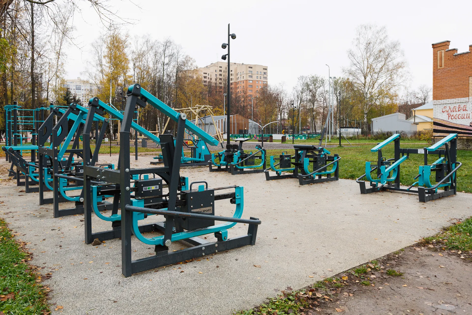 тренажеры в Центральном парке культуры и отдыха города Пушкино осенью