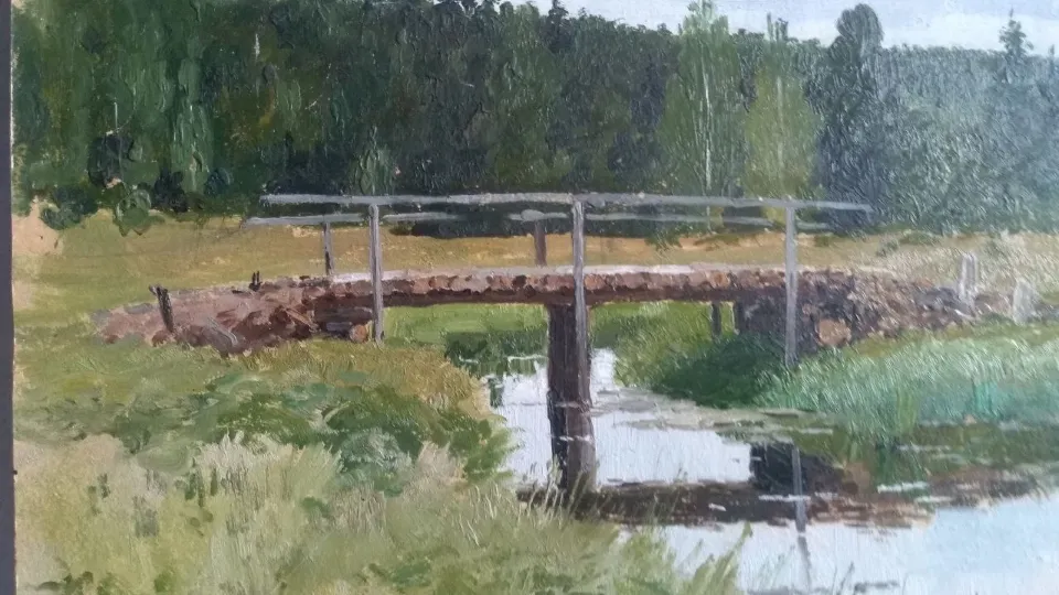 Этюд. «Мост на излучине реки», 1896. Россия. Масло, картон, масло. 26 х 34,5