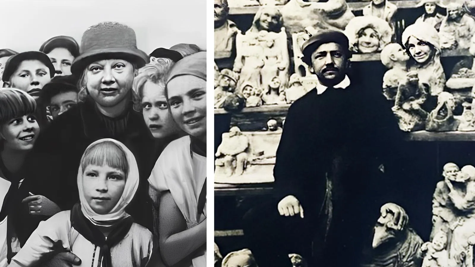 Надежда Крупская с пионерами, 1929 год; Иннокентий Жуков на фоне своих скульптур, 1914 год